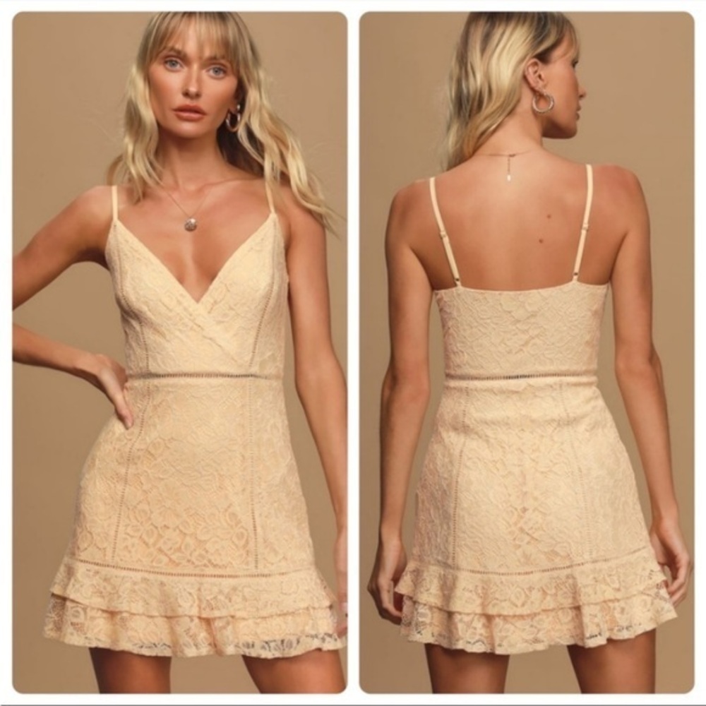 NWT Lulu's Beige Sweet Like Candy Lace Ruffled Mini Dress, Size Medium